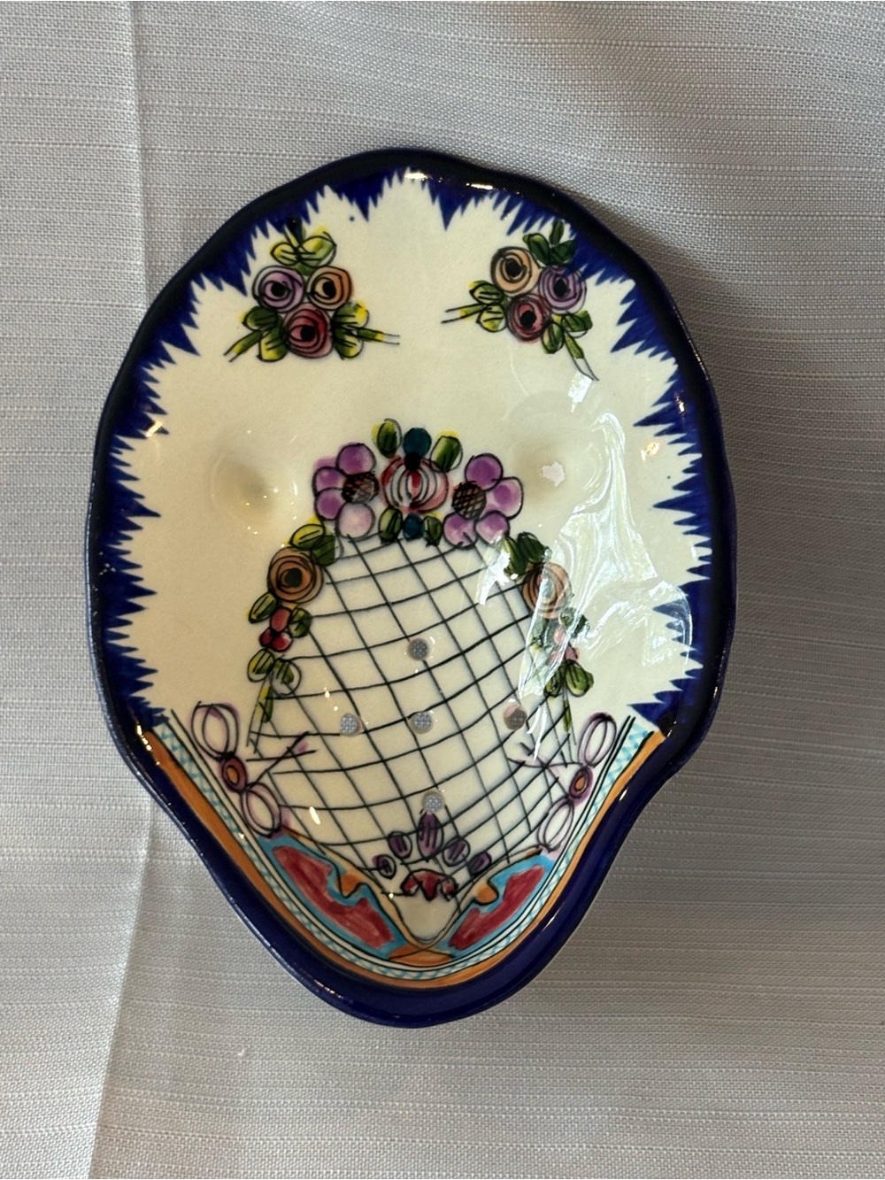 Vintage Hand-Painted Floral Ceramic Dish - Blue & Multicolor